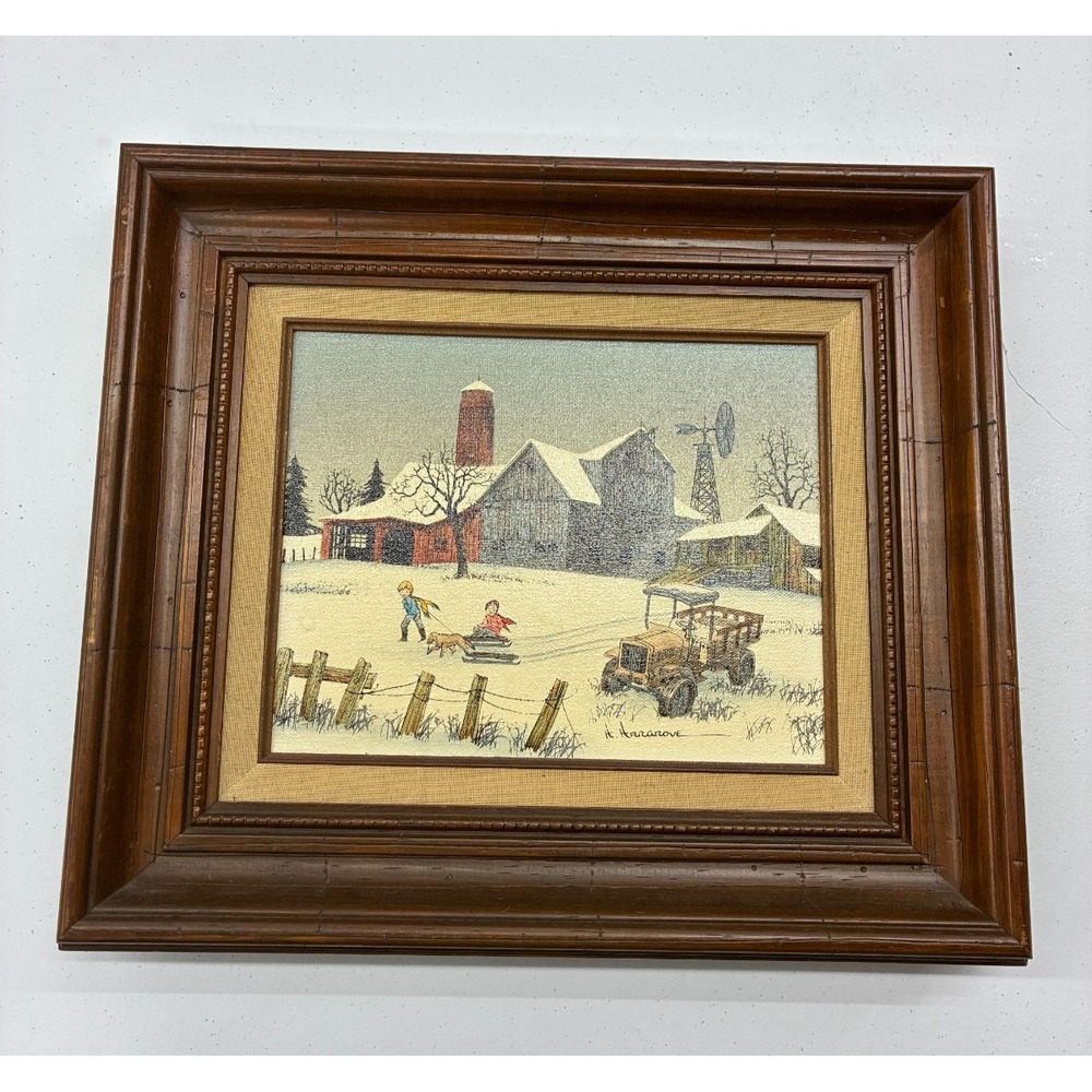 H. Hargrove Serigraph Canvas Winter Farm Sledding Kids Barn Silo Framed 8x10